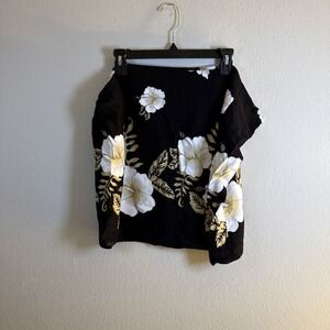 Hibiscus Collection Hawaii Black Floral Sarong Wrap Skirt 100% Rayon OS A3